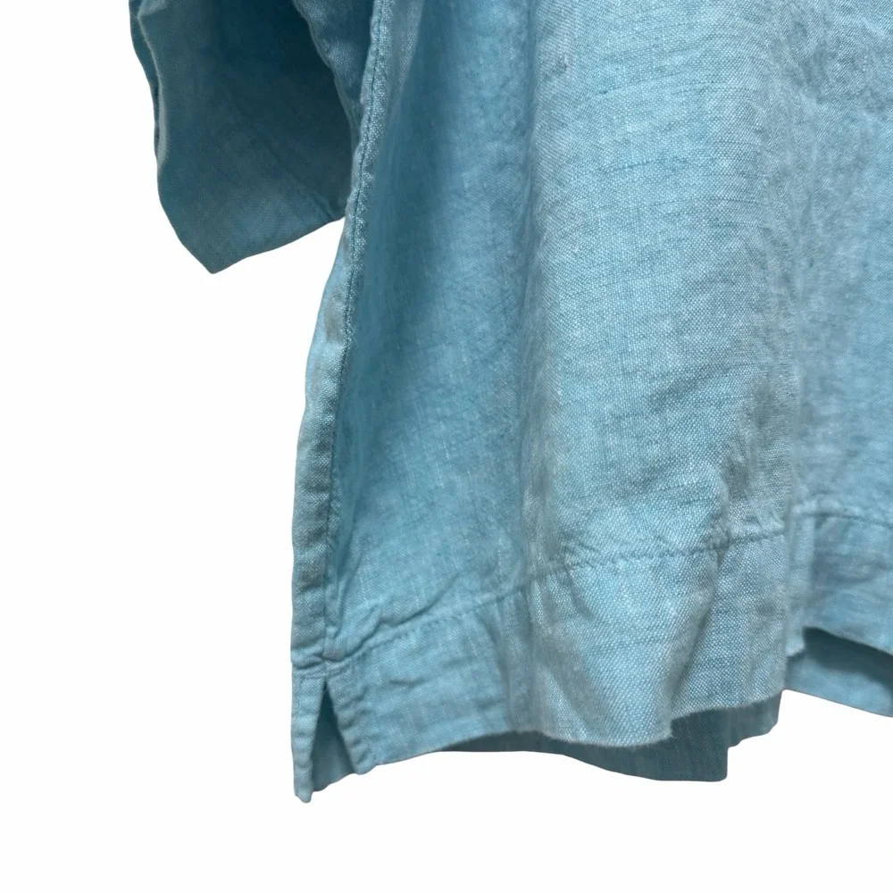J Jill Womens Linen Boxy Cropped Short Sleeve Top Size MP Blue Coastal Beachy